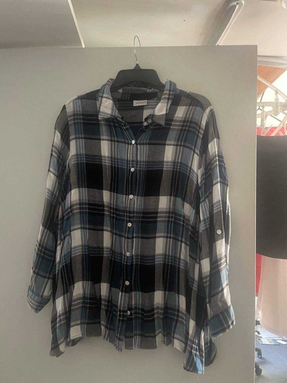 Avenue Womens Blue, Black & White Plaid Button-Down Shirt